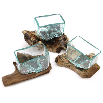 Small Molten Glass Decorative Bowl on Wood Stand product image 6, showing the distinctive design and materials