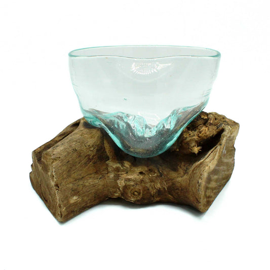 Freeform Molten Glass Bowl on Natural Wood Base, Artisan Decorative, showing the distinctive design – molten glass home decor product image 1