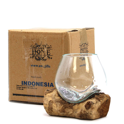 Small Molten Glass Decorative Bowl on Natural Wood Base product image 2, showing the distinctive design and materials