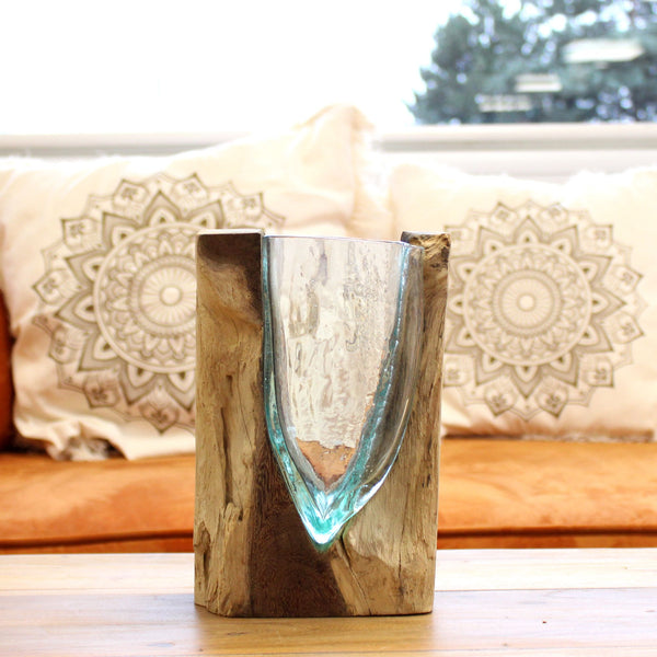 Molten Glass V-Shaped Art Vase on Natural Wood Base, Handblown, showing the distinctive design – molten glass home decor product image 1