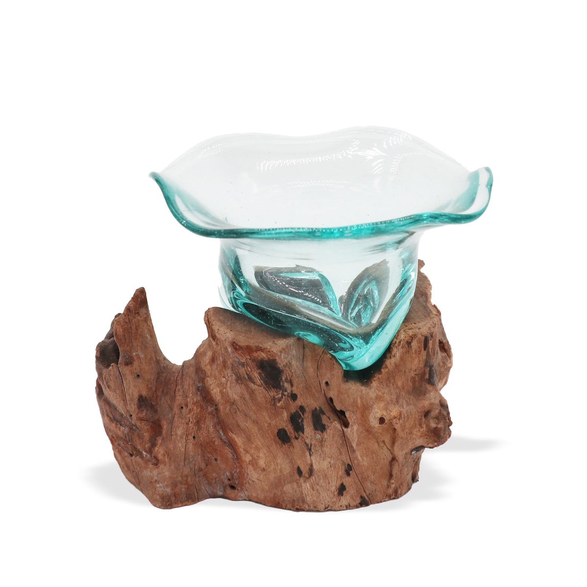 Molten Glass Fancy Sweet Bowl on Natural Wood Base, Handblown, showing the distinctive design – molten glass home decor product image 2