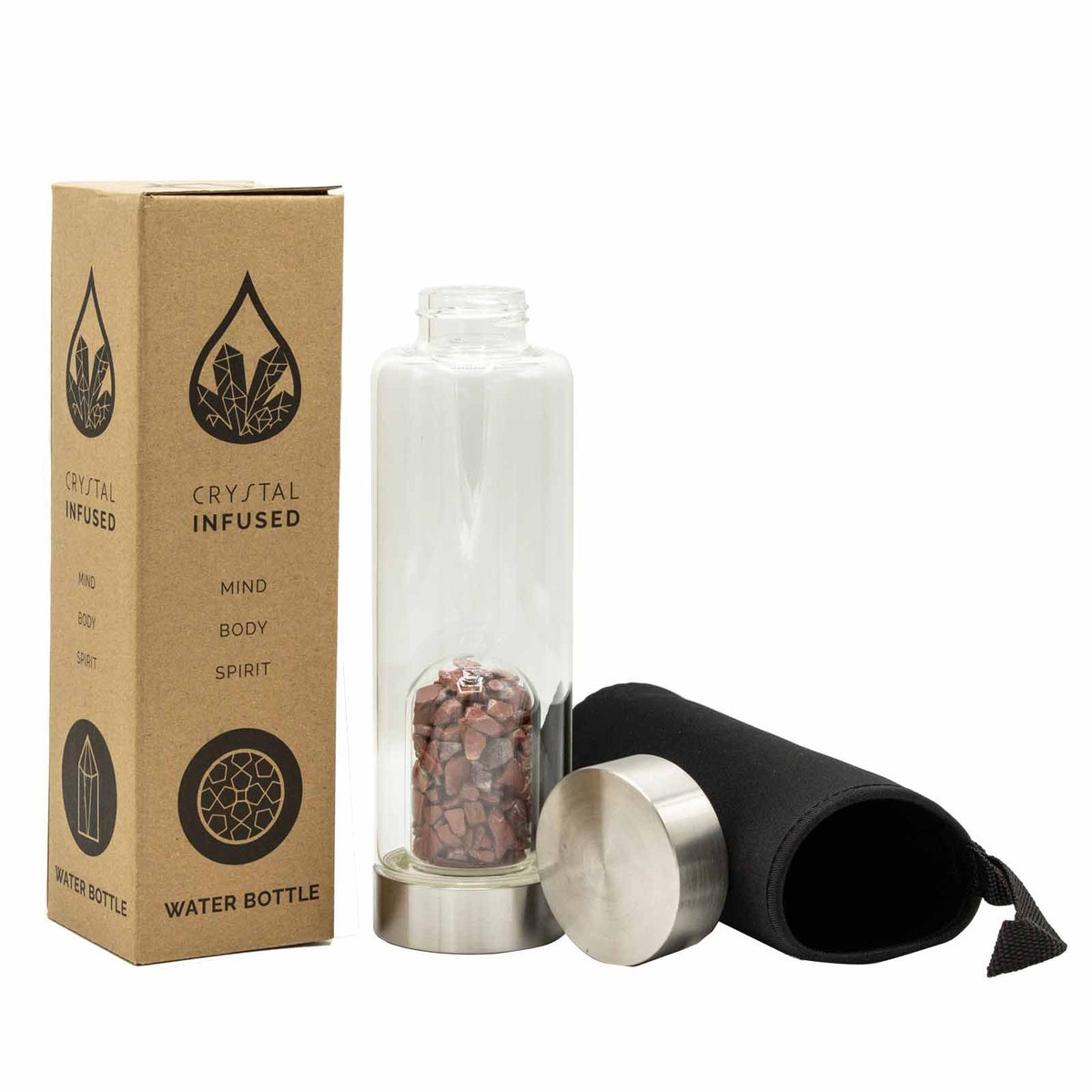 500 ml Crystal Infused Glass Water Bottle, Invigorating Red Jasper - Chips, showing the distinctive design – crystal water bottle product image 1