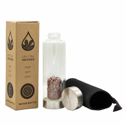 500 ml Crystal Infused Glass Water Bottle, Invigorating Red Jasper - Chips, showing the distinctive design – crystal water bottle product image 1