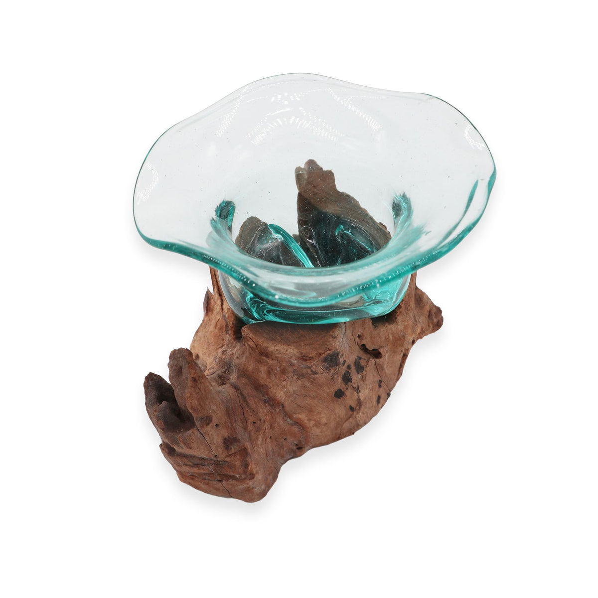 Molten Glass Fancy Sweet Bowl on Natural Wood Base, Handblown, showing the distinctive design – molten glass home decor product image 7