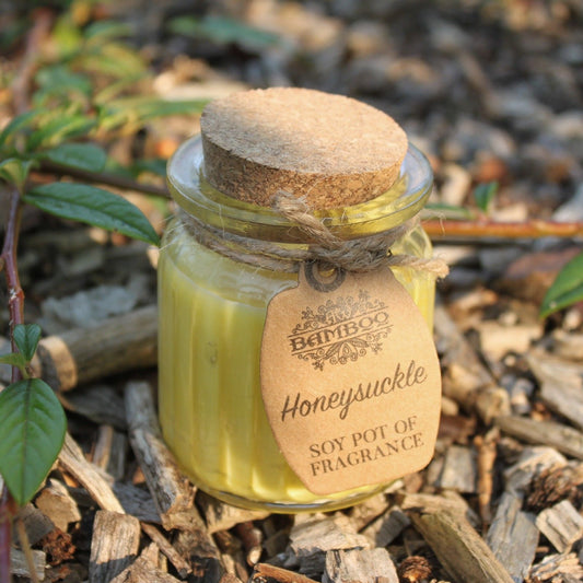 Honeysuckle Scented Soy Wax Pot Candle, showing the distinctive design – scented soy candle product image 1