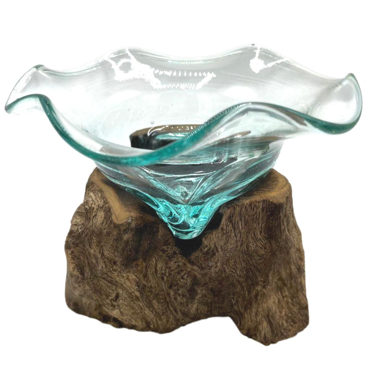 Molten Glass Fancy Sweet Bowl on Natural Wood Base, Handblown, showing the distinctive design – molten glass home decor product image 6