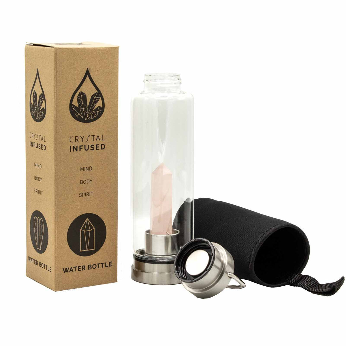 500 ml Crystal Infused Glass Water Bottle, Rejuvenating Rose Quartz - Obelisk, showing the distinctive design – crystal water bottle product image 1