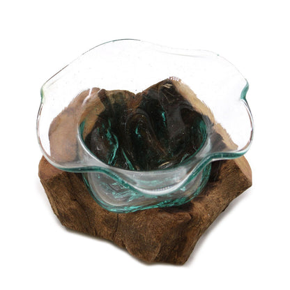 Molten Glass Fancy Sweet Bowl on Natural Wood Base, Handblown, showing the distinctive design – molten glass home decor product image 5