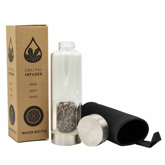 500 ml Crystal Infused Glass Water Bottle, Determined Tiger's Eye - Chips, showing the distinctive design – crystal water bottle product image 1