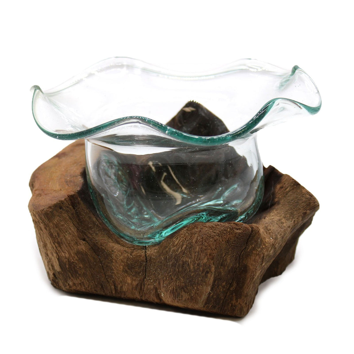 Molten Glass Fancy Sweet Bowl on Natural Wood Base, Handblown, showing the distinctive design – molten glass home decor product image 1