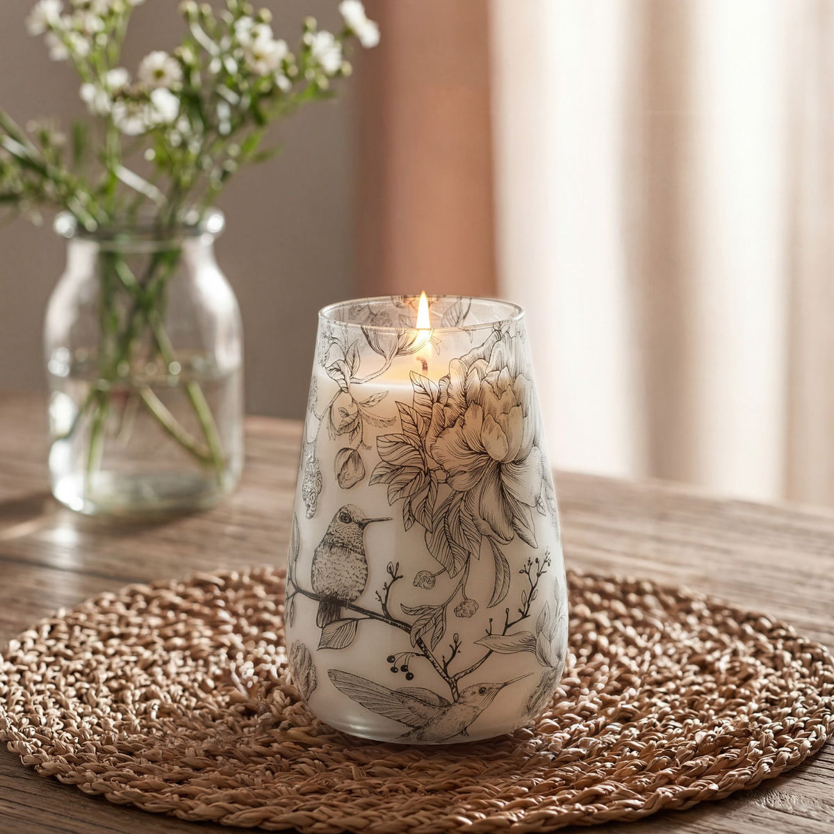Tall Decorative Glass Jar Candle – Drawn by Flame product image 2, showing the distinctive design and materials