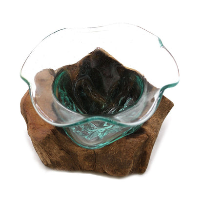 Molten Glass Fancy Sweet Bowl on Natural Wood Base, Handblown, showing the distinctive design – molten glass home decor product image 4