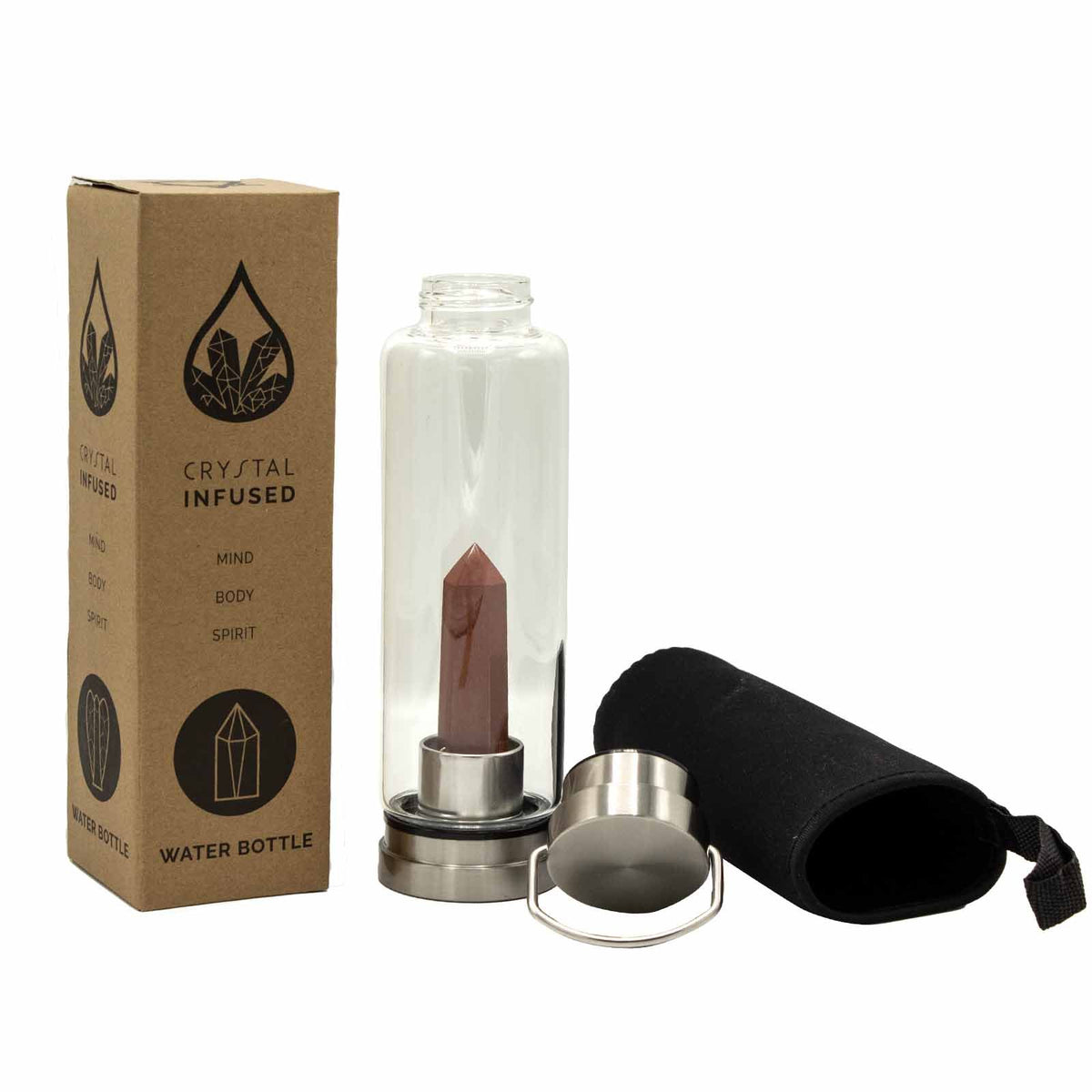 500 ml Crystal Infused Glass Water Bottle, Invigorating Red Jasper - Obelisk, showing the distinctive design – crystal water bottle product image 2