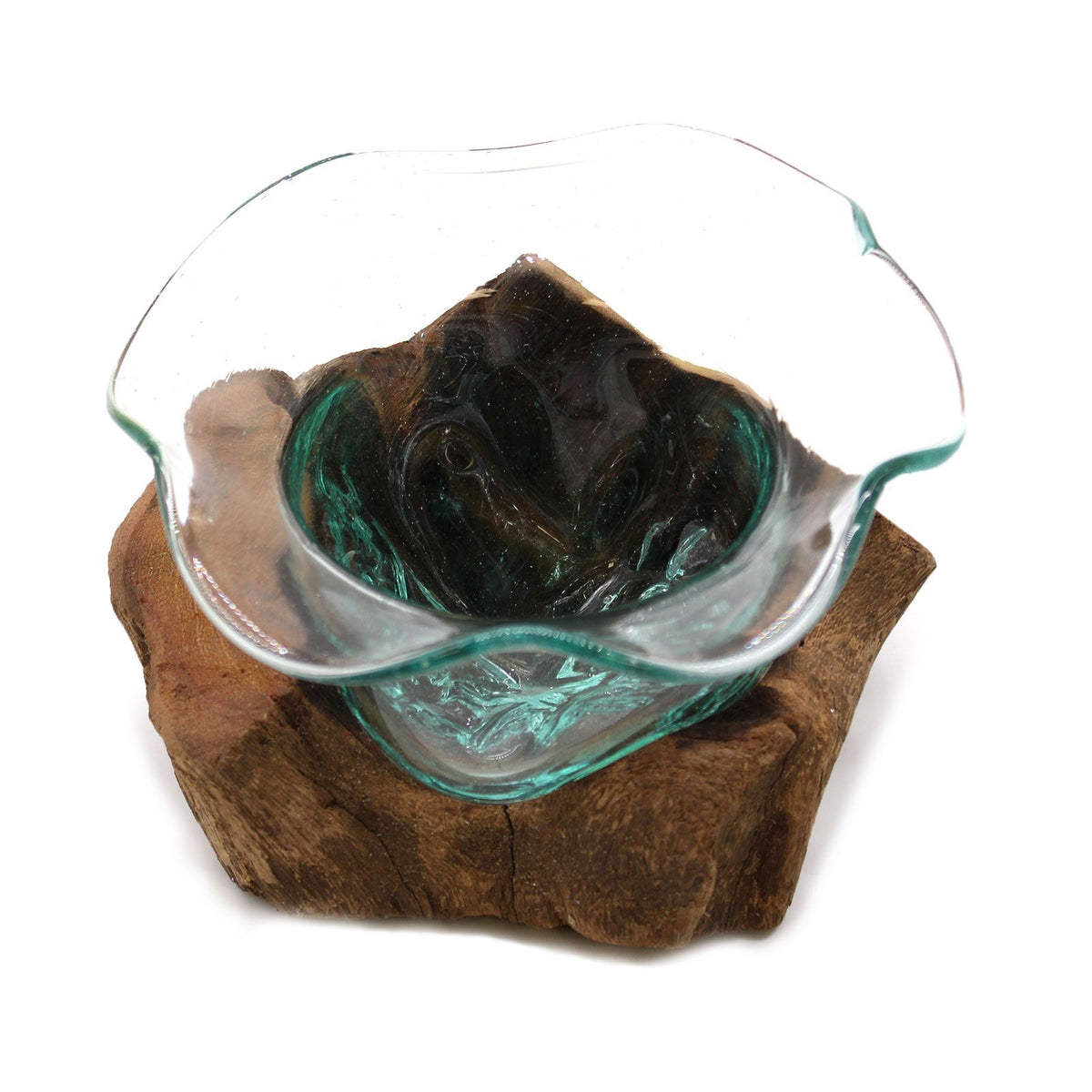 Molten Glass Fancy Sweet Bowl on Natural Wood Base, Handblown, showing the distinctive design – molten glass home decor product image 3