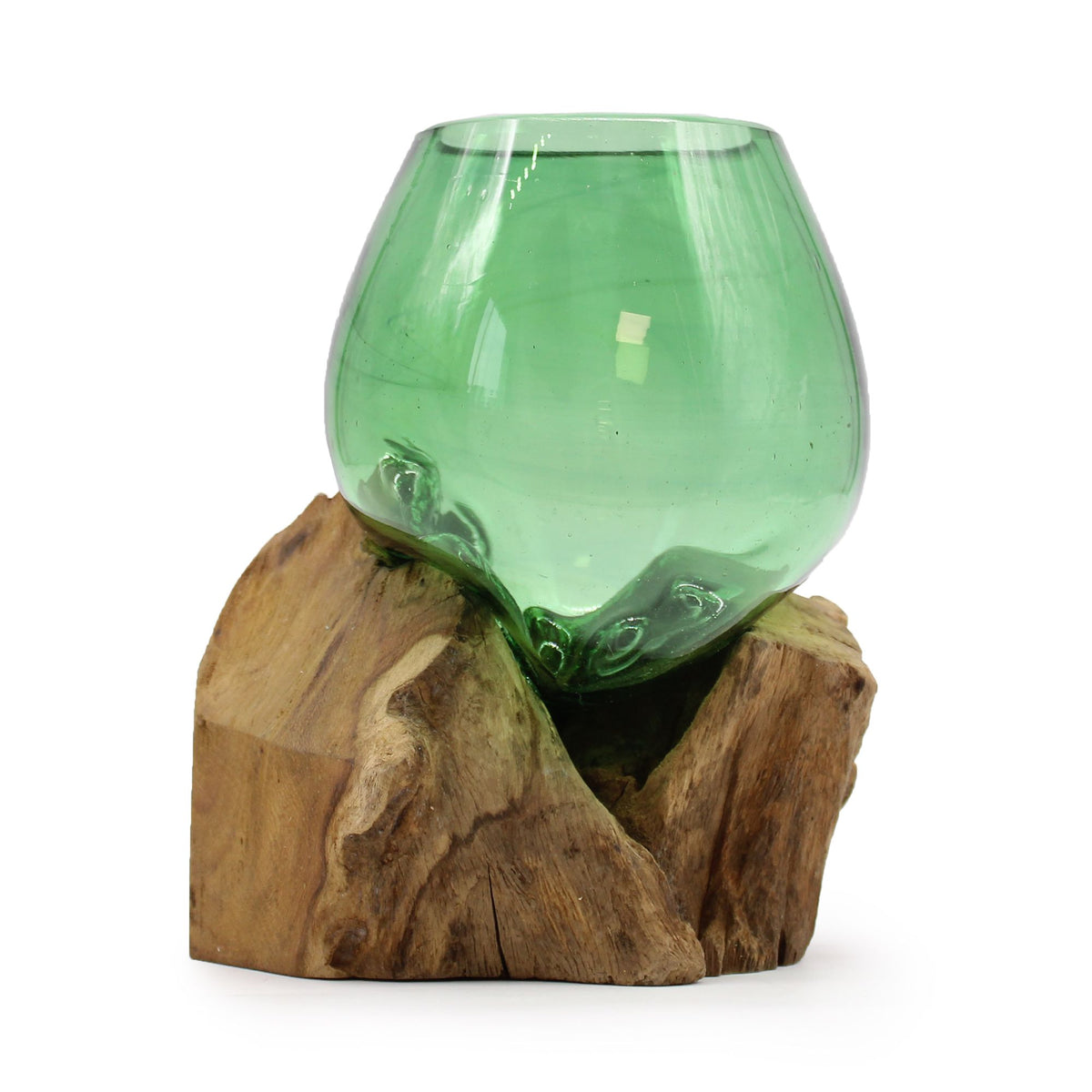 Recycled Glass Small Bowl on Wood on Natural Wood, showing the distinctive design – recycled glass decor product image 1
