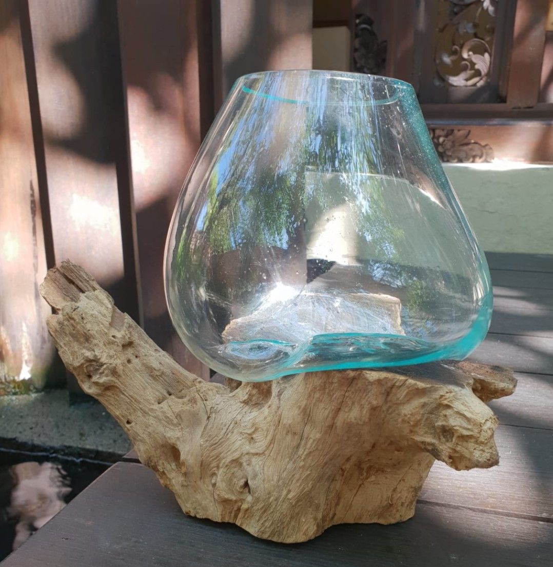 Large Molten Glass Decorative Bowl on Natural Wood Base product image 3, showing the distinctive design and materials