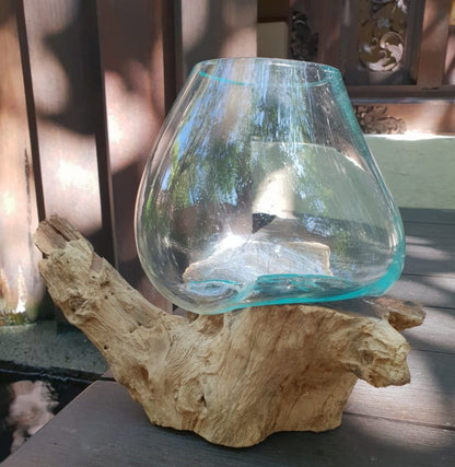 Large Molten Glass Decorative Bowl on Natural Wood Base product image 3, showing the distinctive design and materials