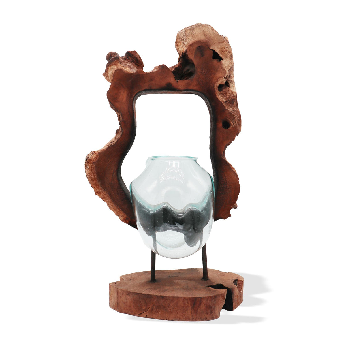 Molten Glass Hanging Wall Vase on Natural Wood, Handblown Hanging, showing the distinctive design – molten glass home decor product image 2