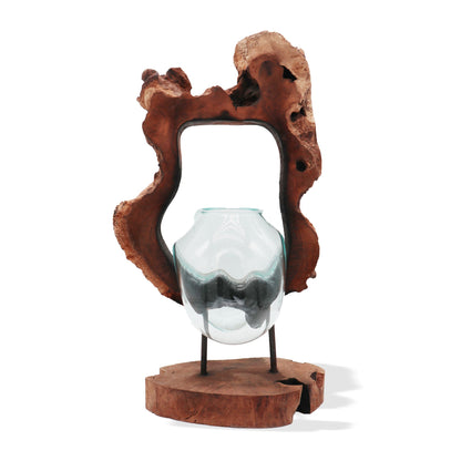 Molten Glass Hanging Wall Vase on Natural Wood, Handblown Hanging, showing the distinctive design – molten glass home decor product image 2