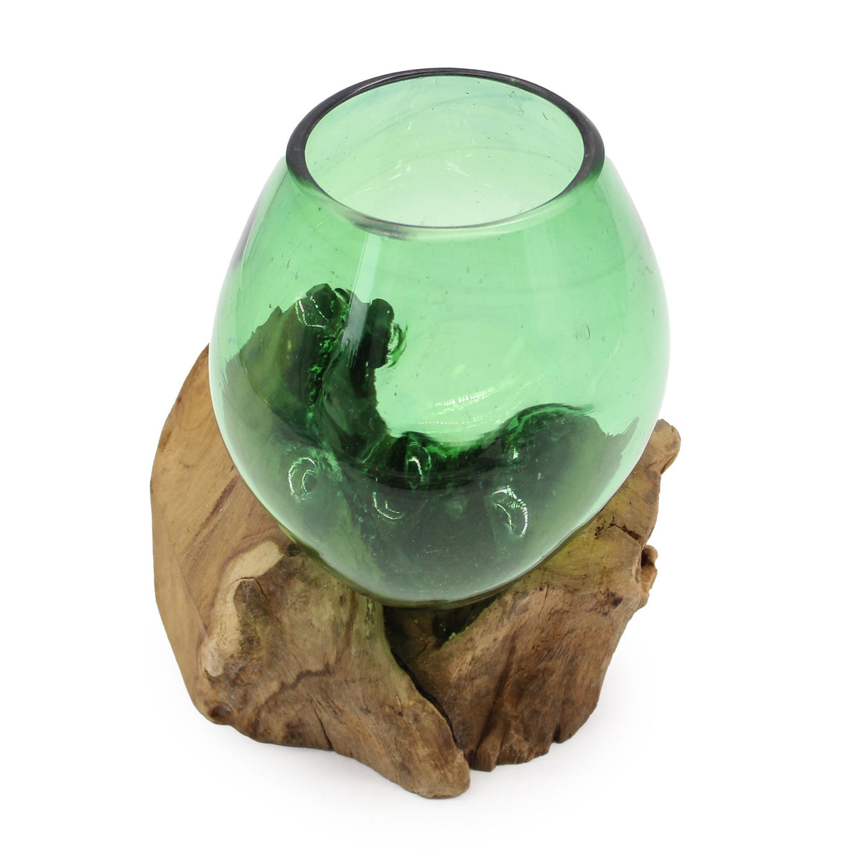 Recycled Glass Small Bowl on Wood on Natural Wood, showing the distinctive design – recycled glass decor product image 2