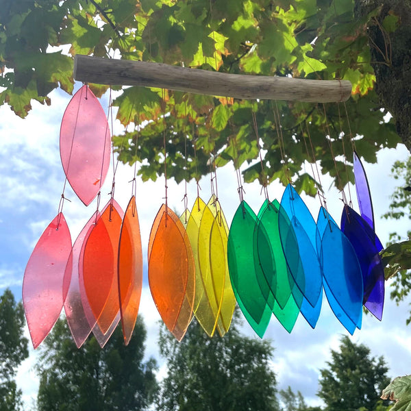 Rainbow Glass Hanging Wind Chime, Colorful Outdoor Garden, showing the distinctive design – recycled glass wind chime product image 1