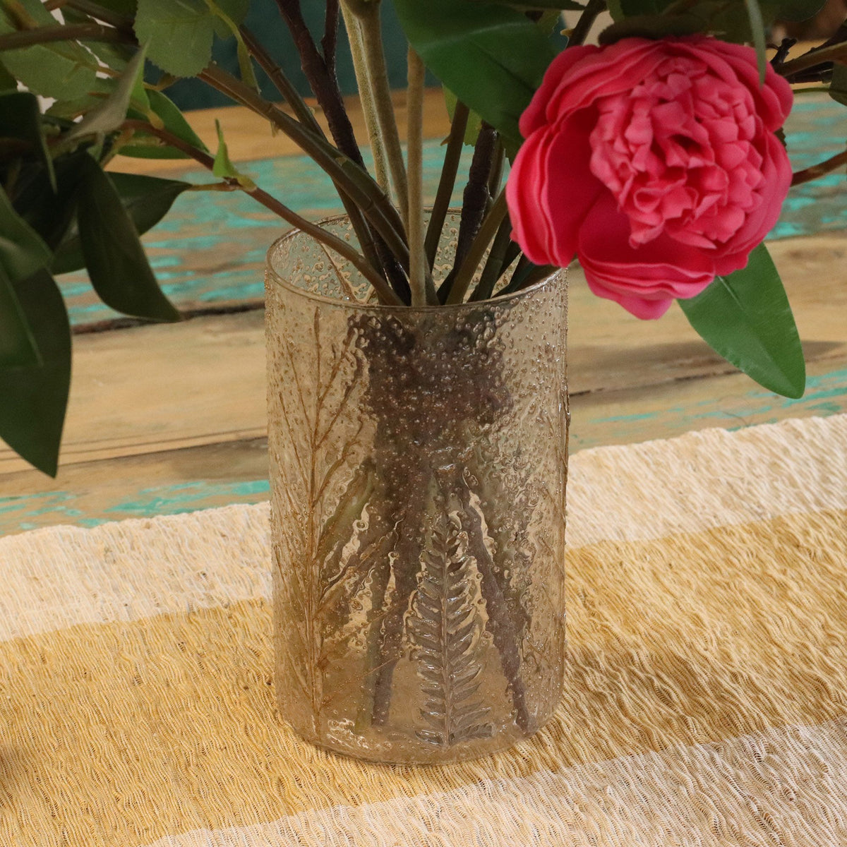 Natural Floral Recycled Glass Candle Holder, Pino (19x11cm), showing the distinctive design – floral glass candle holder product image 6