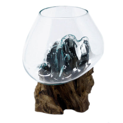 Large Molten Glass Decorative Bowl on Natural Wood Base product image 2, showing the distinctive design and materials