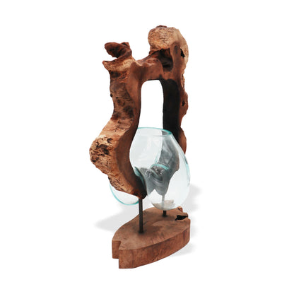 Molten Glass Hanging Wall Vase on Natural Wood, Handblown Hanging, showing the distinctive design – molten glass home decor product image 3