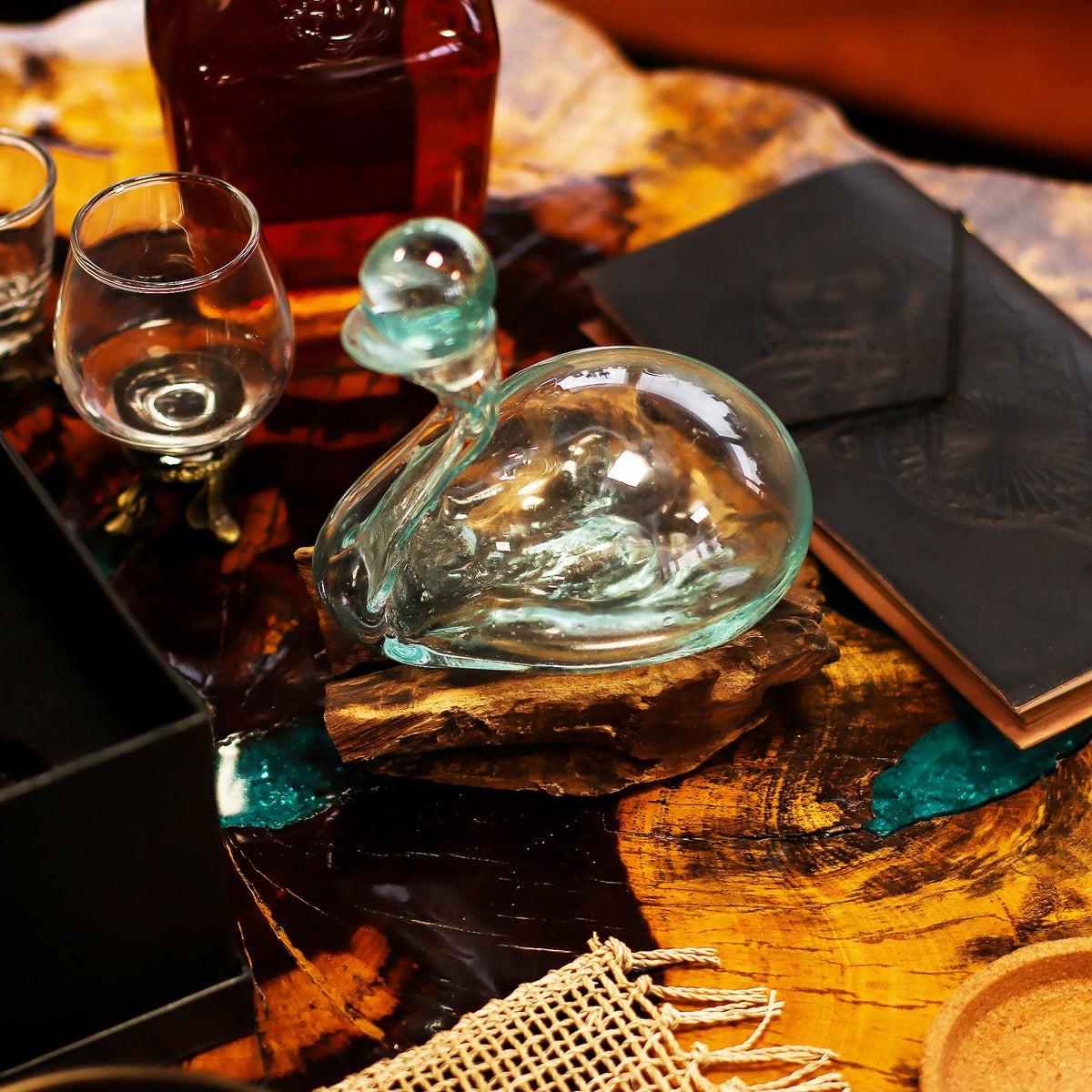 Molten Glass Duck Decanter on Wood with Stopper 19cm, showing the distinctive design – molten glass home decor product image 7
