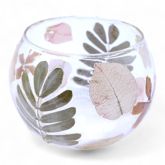 Natural Floral Recycled Glass Candle Holder, Primavera (8x10cm), showing the distinctive design – floral glass candle holder product image 1