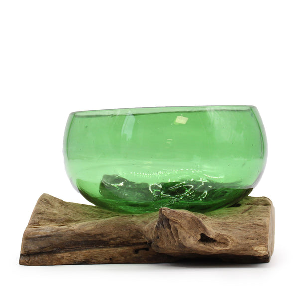 Recycled Glass Wide Bowl on Wood on Natural Wood, showing the distinctive design – recycled glass decor product image 1