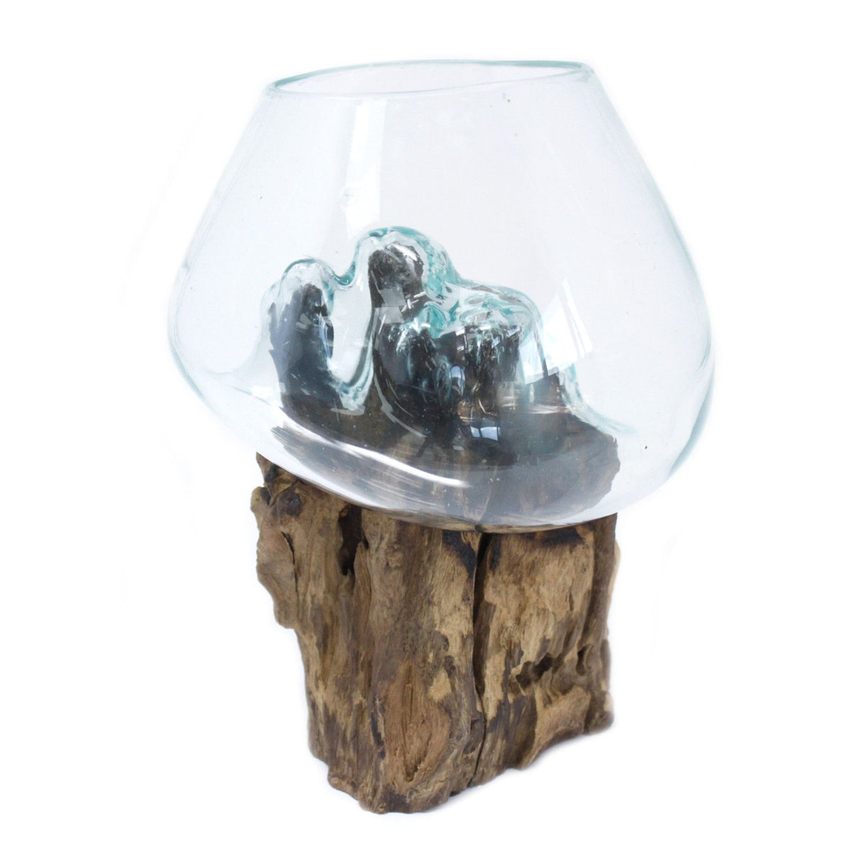 Large Molten Glass Decorative Bowl on Natural Wood Base product image 5, showing the distinctive design and materials