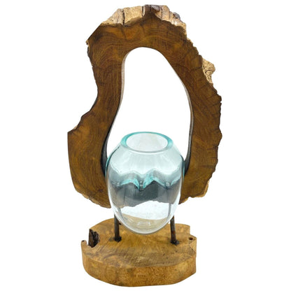 Molten Glass Hanging Wall Vase on Natural Wood, Handblown Hanging, showing the distinctive design – molten glass home decor product image 7