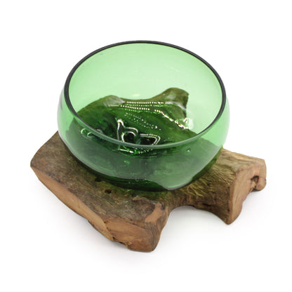 Recycled Glass Wide Bowl on Wood on Natural Wood, showing the distinctive design – recycled glass decor product image 2