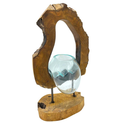 Molten Glass Hanging Wall Vase on Natural Wood, Handblown Hanging, showing the distinctive design – molten glass home decor product image 6