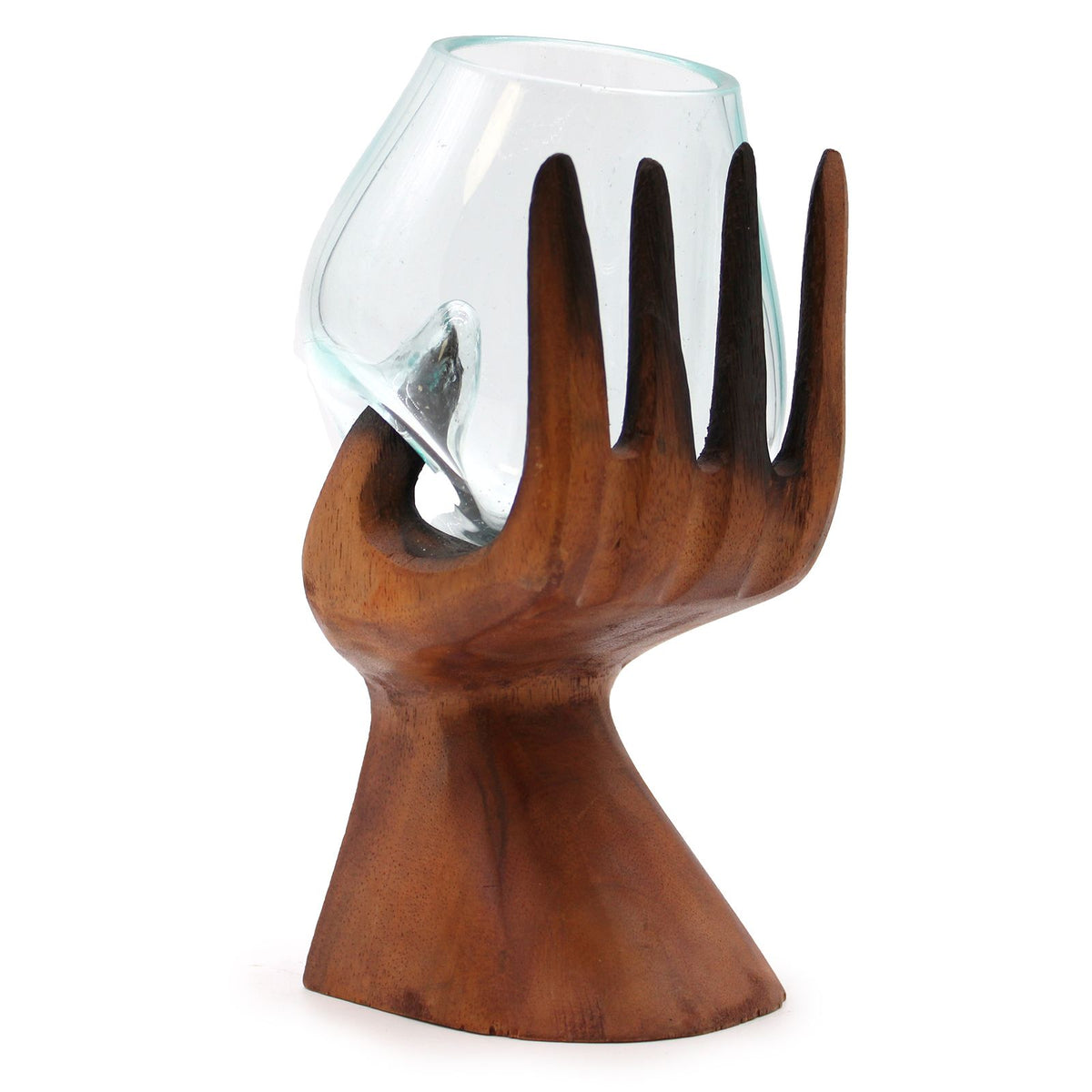 Zen Hand-Carved Wood Sculpture with Molten Glass Bowl, Artisan, showing the distinctive design – molten glass home decor product image 3