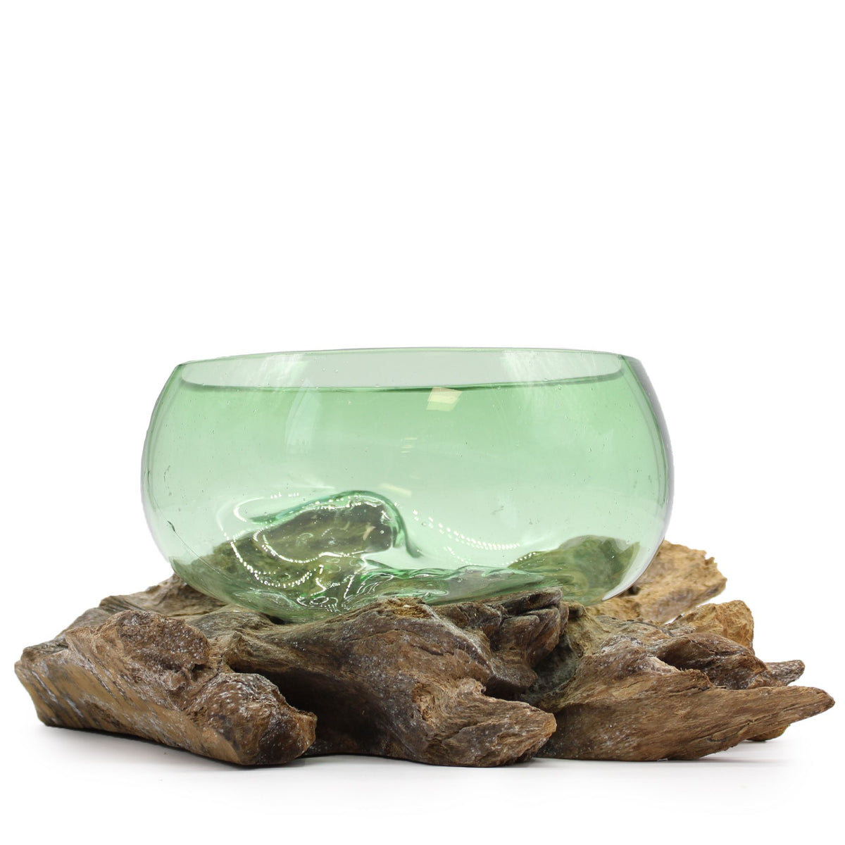 Recycled Glass Large Wide Bowl on Wood on Natural Wood, showing the distinctive design – recycled glass decor product image 2