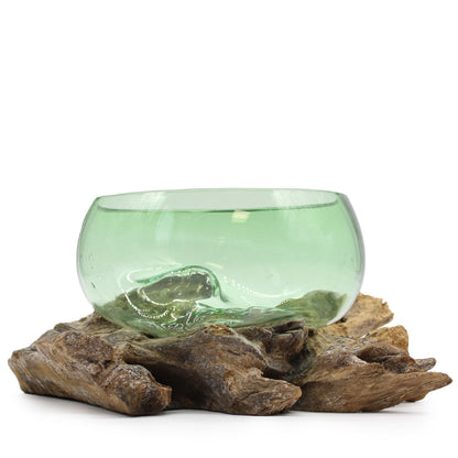 Recycled Glass Large Wide Bowl on Wood on Natural Wood, showing the distinctive design – recycled glass decor product image 2