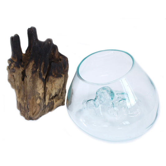 Large Molten Glass Decorative Bowl on Natural Wood Base product image 1, showing the distinctive design and materials