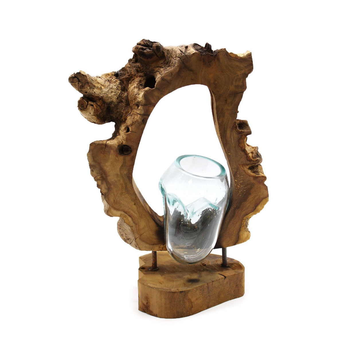 Molten Glass Hanging Wall Vase on Natural Wood, Handblown Hanging, showing the distinctive design – molten glass home decor product image 5