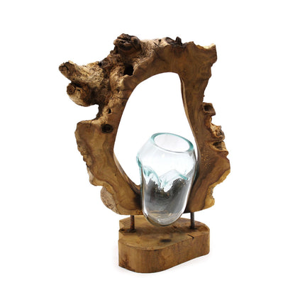 Molten Glass Hanging Wall Vase on Natural Wood, Handblown Hanging, showing the distinctive design – molten glass home decor product image 5