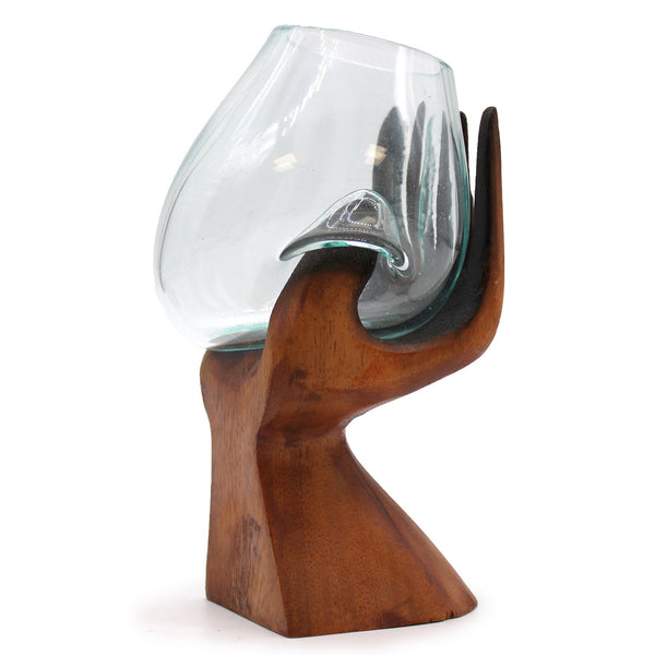 Zen Hand-Carved Wood Sculpture with Molten Glass Bowl, Artisan, showing the distinctive design – molten glass home decor product image 1