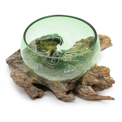 Recycled Glass Large Wide Bowl on Wood on Natural Wood, showing the distinctive design – recycled glass decor product image 1
