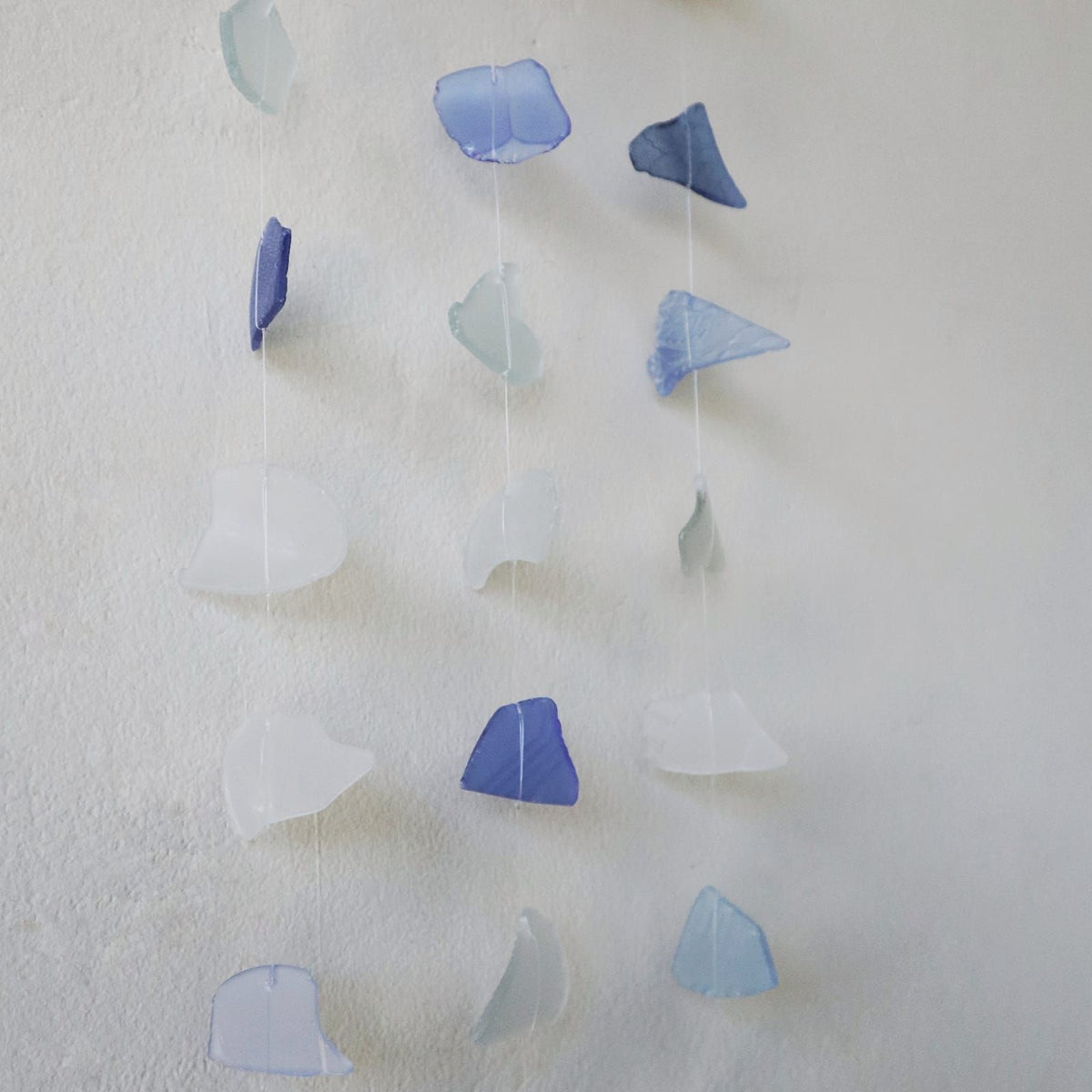 Three-Drop Recycled Glass Wind Chime, Blue and White, showing the distinctive design – recycled glass wind chime product image 3
