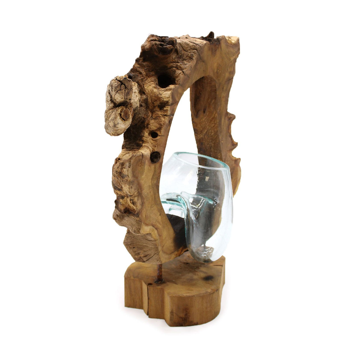 Molten Glass Hanging Wall Vase on Natural Wood, Handblown Hanging, showing the distinctive design – molten glass home decor product image 4