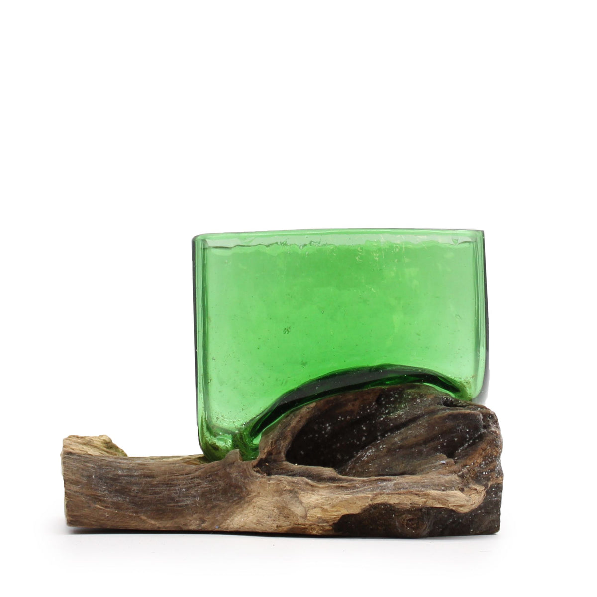 Recycled Glass Square Bowl on Wood on Natural Wood, Natural Wood Base, showing the distinctive design – recycled glass decor product image 1