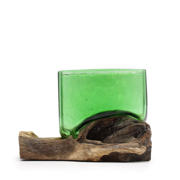 Recycled Glass Square Bowl on Wood on Natural Wood, Natural Wood Base, showing the distinctive design – recycled glass decor product image 1