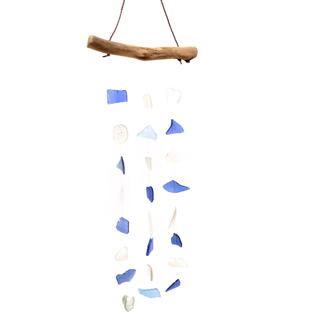 Three-Drop Recycled Glass Wind Chime, Blue and White, showing the distinctive design – recycled glass wind chime product image 1