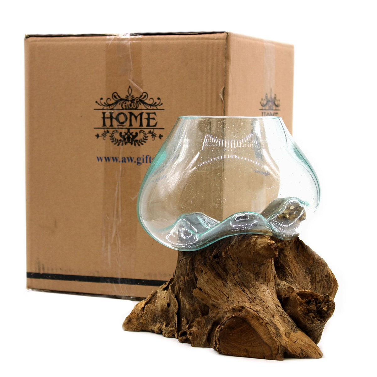 Large Molten Glass Decorative Bowl on Natural Wood Base product image 6, showing the distinctive design and materials