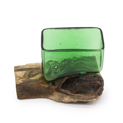 Recycled Glass Square Bowl on Wood on Natural Wood, Natural Wood Base, showing the distinctive design – recycled glass decor